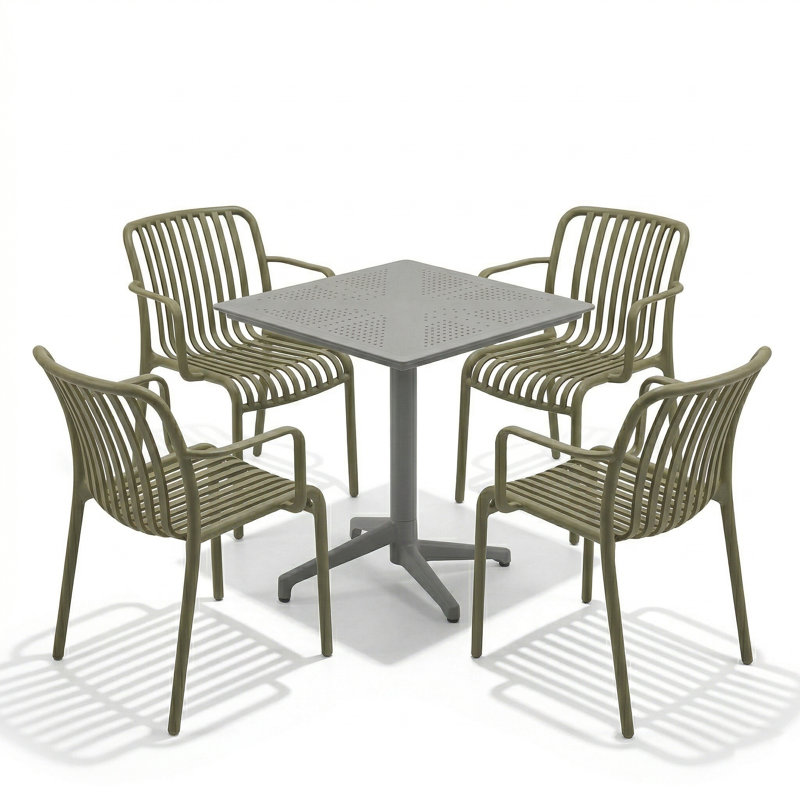 DANBY Square Folding Table Nickel Grey with 4 ALMA Armchair Black Set, Grey/Green