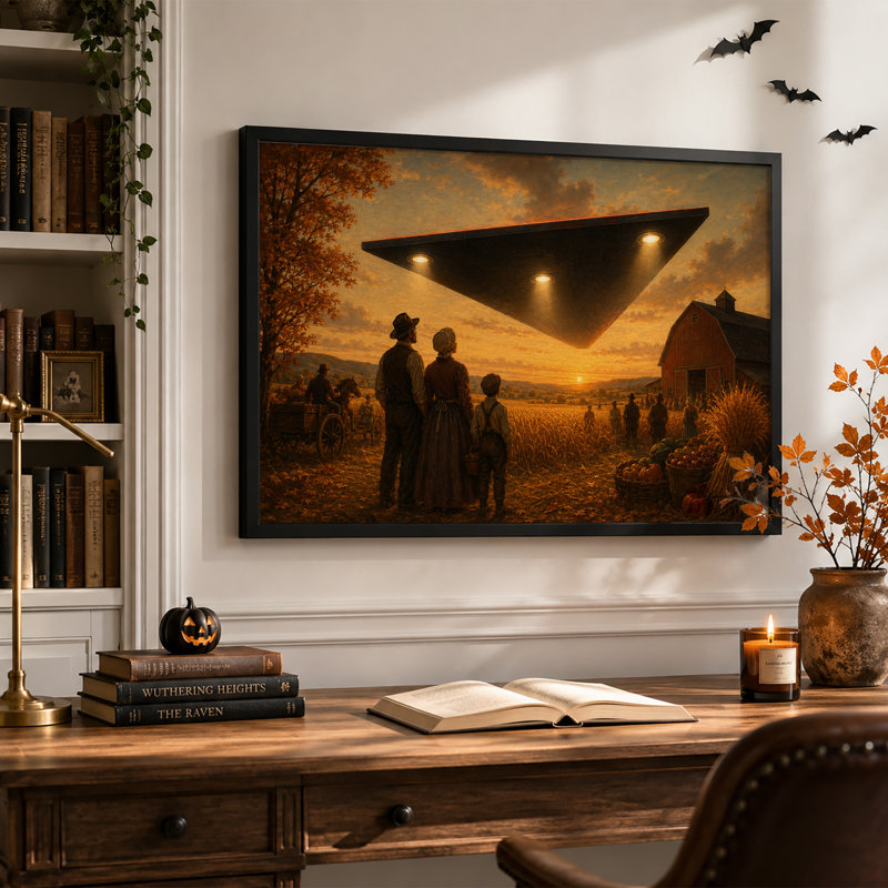 Les agriculteurs observent un OVNI triangulaire au-dessus d'une grange à l'occasion de l'Halloween (tableau sur toile)