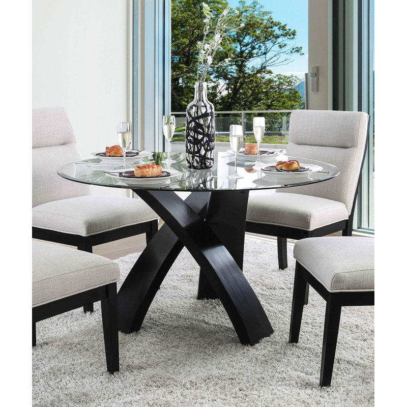 Airion Round Glass Top Solid Wood Base Dining Table