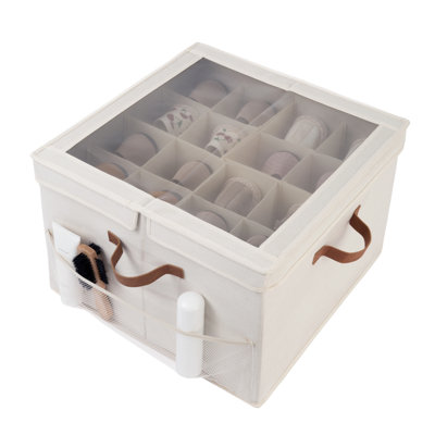 Fabric Shoe Storage Box with Adjustable Dividers and Lid, 16-Compartment Organizer for Shoes, Towels, Clothes, Toys