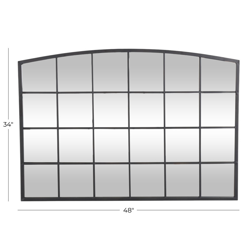 Haider Glass and Metal Arched Window Pane Inspired Wall Mirror, Matte Black, Window Pane, 34" x 48"