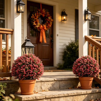 2-Pack 26-Inch Artificial Topiary Ball Trees with Ground Spikes, UV Resistant Fake Rose Boxwood Plants for Outdoors, Faux Boxwood Bush for Garden Patio Porch Yard Decor (Set of 2)