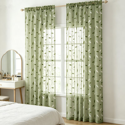 Sage Sheer Kitchen Curtains 2 Panels, Rod Pocket, Floral