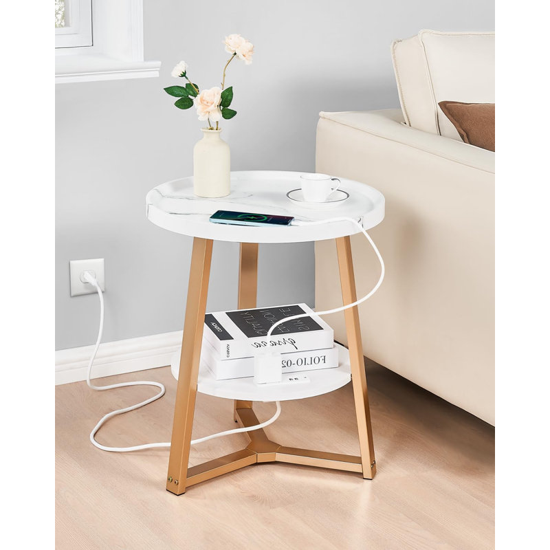 Table de charge ronde en marbre - table d'appoint élégante avec ports USB et tablette de rangement, Blanc