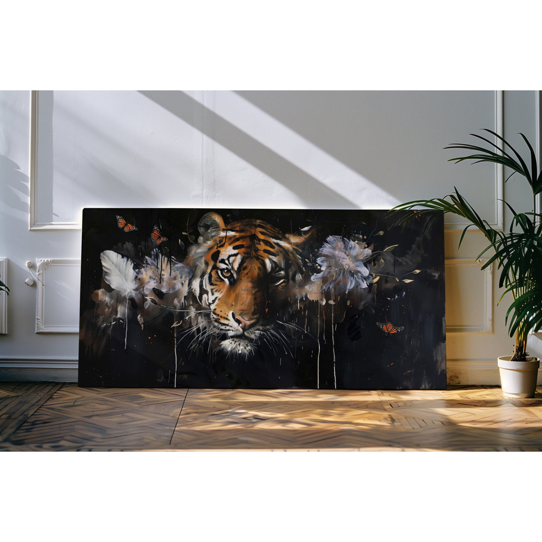 Wandbild 120x60cm Tiger Schmetterlinge Blumen Kunstwerk dunkle Farben