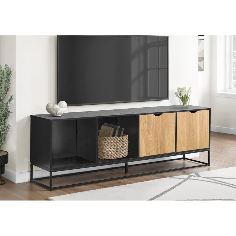 Meuble télé noir 72 po avec console en métal pour salon multimédia moderne et central