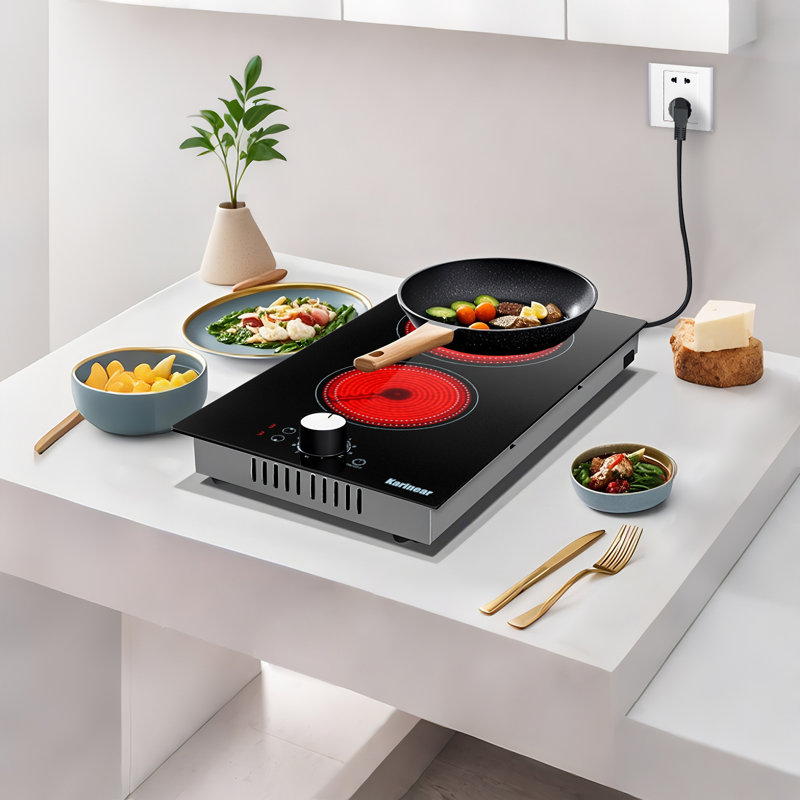 Karinear 110v Electric Cooktop with Plug,12 Inch,2 Burner,Knob control