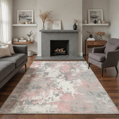 Soft Modern Pink and Grey Area Rug Washable Non Slip Low Profile Carpet for Living Room Bedroom Hallway