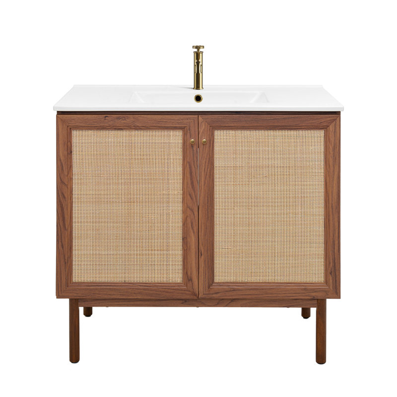 Meuble-lavabo sur pied en chêne brun avec plateau en céramique blanc résistant aux égratignures Classe 36, Chêne brun, Blanc