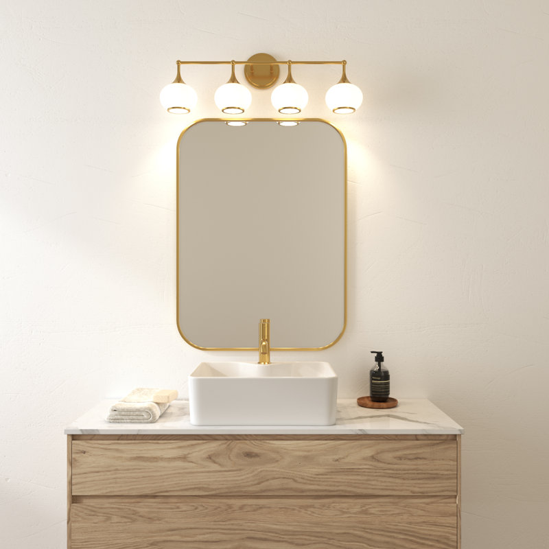 Dimmable Bathroom Wall Light with White Glass Shades, 27cm H x 81.9cm W x 18.9cm D , 4, Antique Brass