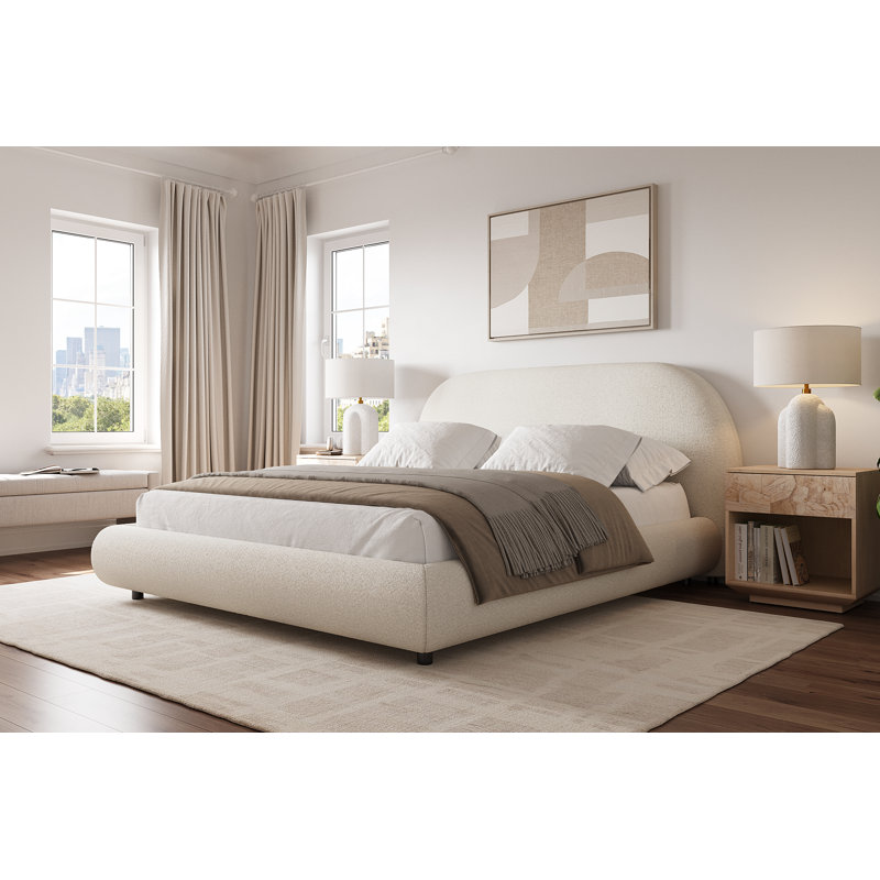 Modern Curved Upholstered Low Profile Platform Bed with Rounded Headboard, King, Cream