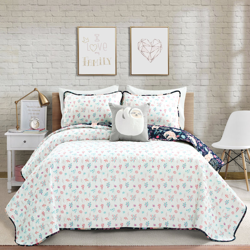 Ensemble de courtepointe réversible en microfibre Hygge Sloth, Bleu marine, Courtepointe pour grand lit + 2 taies décoratives