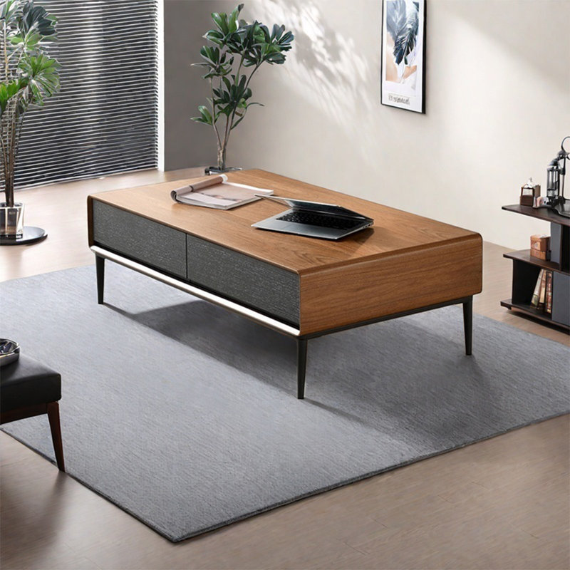Modern simple rectangular storage coffee table, Walnut/Black, 15.7" H x 47.2" L x 23.6" W, Black