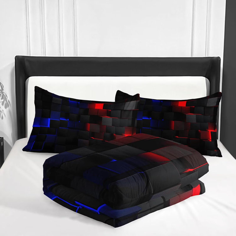 Blue Red Neon Geometric Comforter Set Queen Size,3 Piece Bed in a Bag,Abstract Square Plaid Check Bed Set for Teens Boys Gaming Bedroom