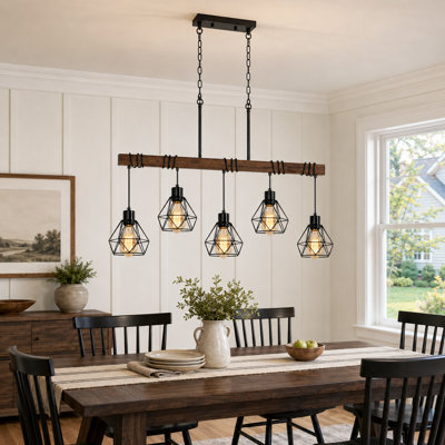 Kitchen Island Modern Linear Chandelier With Diamond Shades, Farmhouse Black Metal & Rustic Wood Ceiling Light Fixture