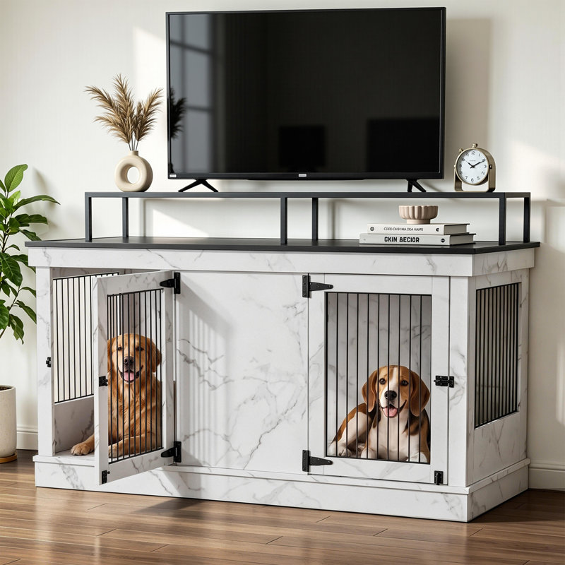 Caisse en bois pour chien avec deux portes, Blanc