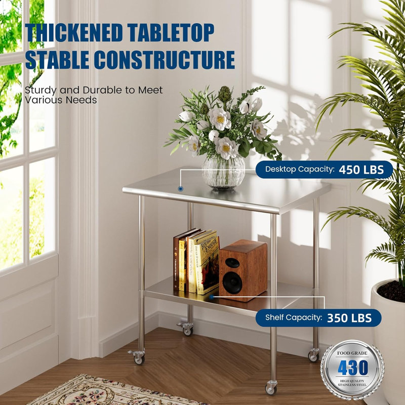 Table de travail en métal en acier inoxydable de 24 po x 36 po avec tablettes réglables sous les roulettes pour la cuisine commerciale, l'extérieur, le restaurant, l'hôtel et le garage