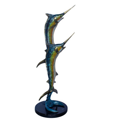 Paire de statues marlin en bronze à motif de poissons de la collection Nifao, 18 po x 18 po x H 54 po
