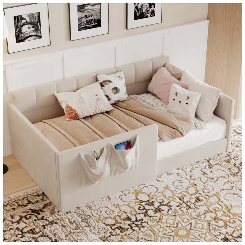 Canapé-lit en velours avec panneaux latéraux hauts et entrée latérale Day Bed, Twin, Beige