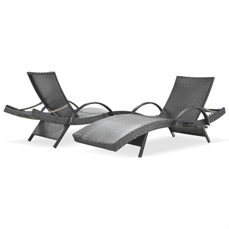 Outdoor Wicker Chaise Lounge Chairs Set Of 2, Patio Rattan Reclining Chair Pull-Out Side Table Adjustable Backrest Ergonomic Wave Design Pool Sunbathing Recliners