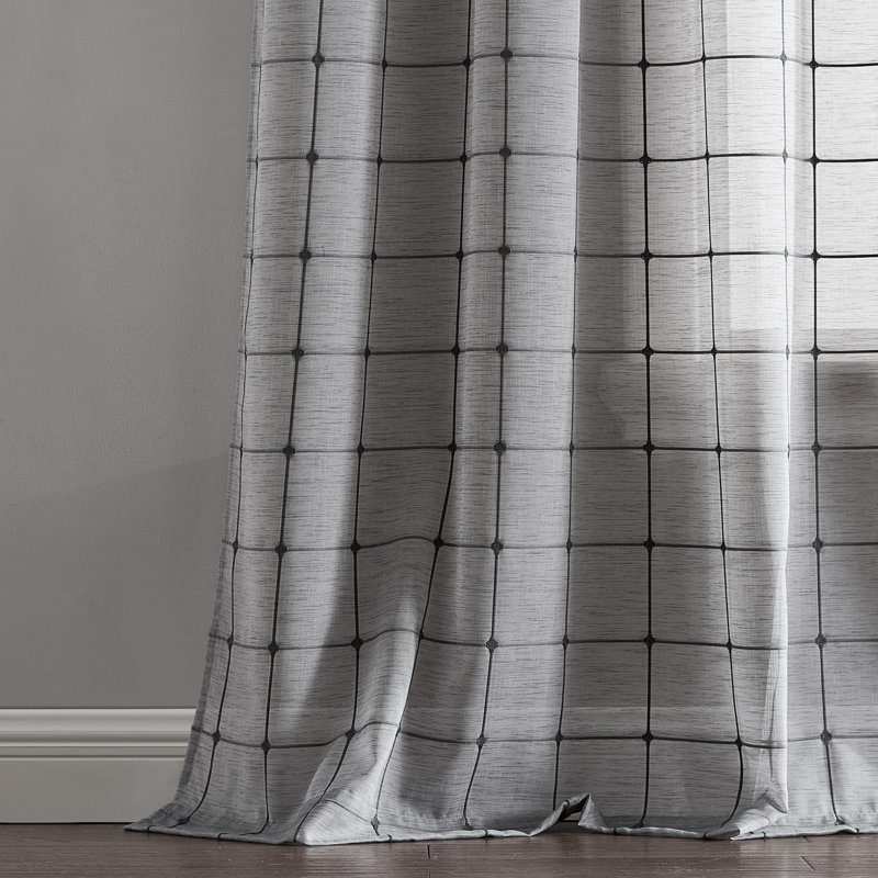 Rideau semi-transparent à carreaux avec passe-tringle, Gris, L 52 po x L 84 po