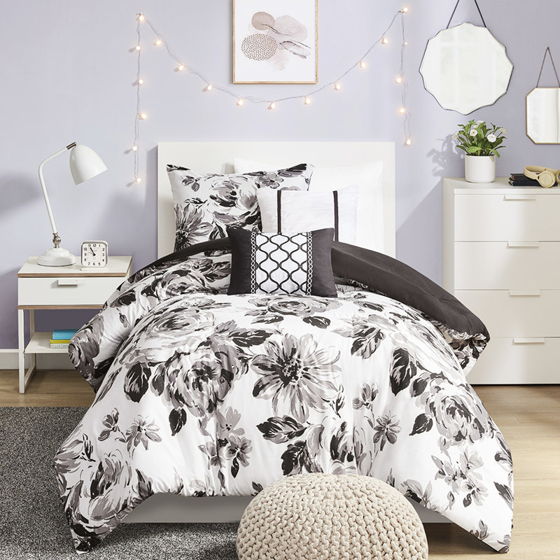 Édredon à imprimé floral pour lit simple TG - Doux, odeur - Tissu simple / simple, noir et blanc à motif floral, coussins