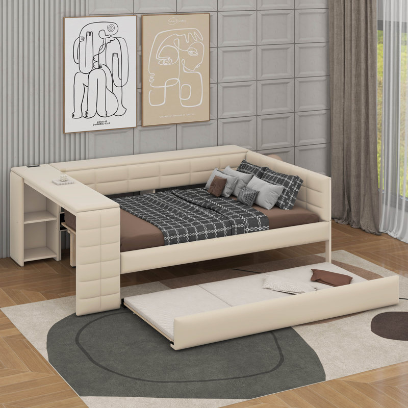 Lit plateforme double tapissier pleine grandeur avec tablettes de rangement, bureau, station de charge et lit gigogne, Beige