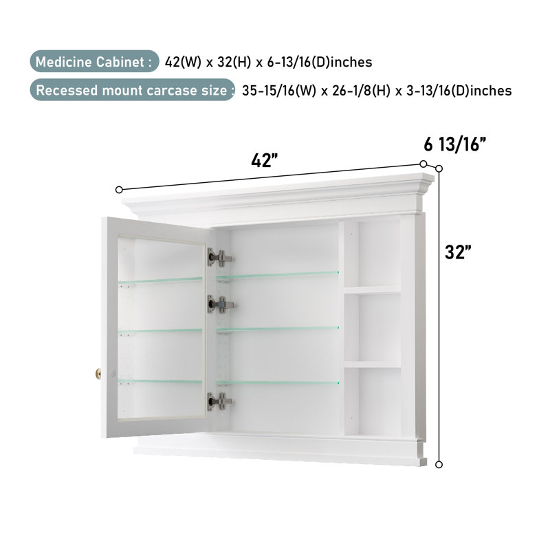 Armoire à pharmacie murale encastrée en bois massif avec tablettes réglables en verre l 42 po X32 po