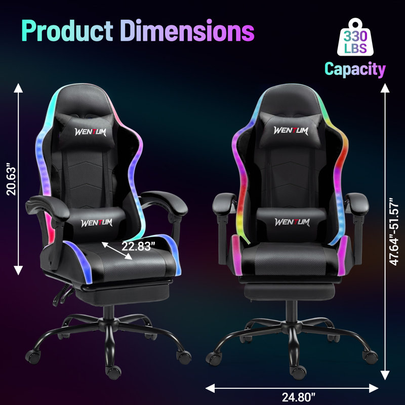 Fauteuil de jeu à DEL avec coussin lombaire à massage, fauteuil de jeu d'ordinateur RVB avec repose-pieds, fauteuil de jeu vidéo inclinable