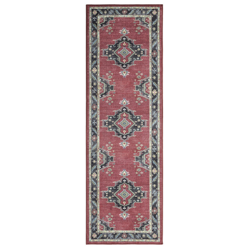 Lyanne Washable Non-Slip Red Area Rug, Rectangle 2'7" x 9'