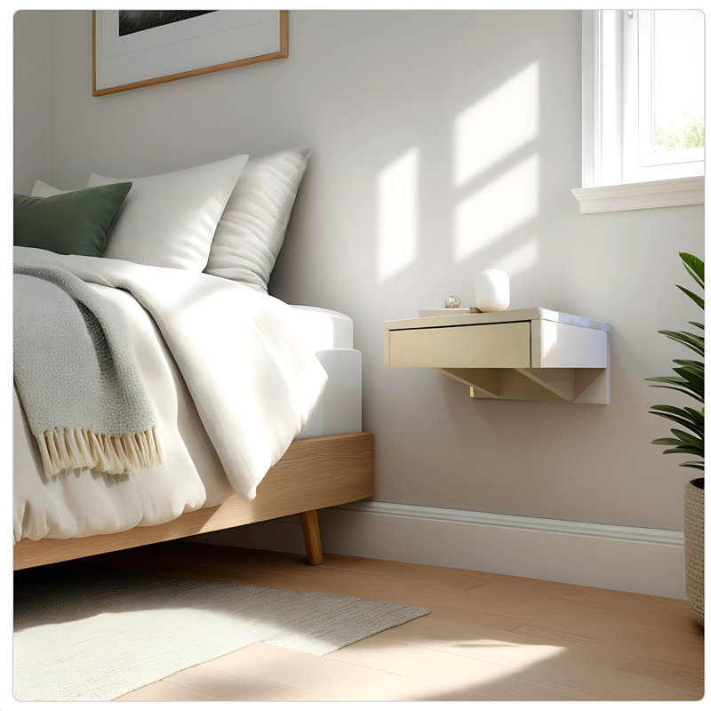 Perkin - Small Floating Nightstand White Finish With Drawer, Solid Wood Wall Drawer