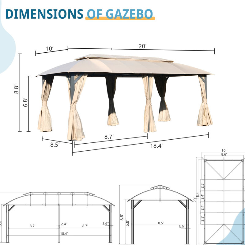 Pavillon de jardin extérieur 10 pi x 20 pi - intérieur spacieux, double toit, rideaux d'intimité, coins réglables auvent brun, filet ventilé et amovible