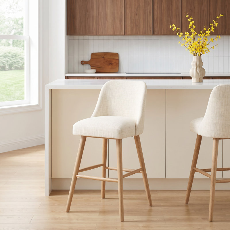 Gallie Upholstered Counter Stool, Bar Stool (31" Seat Height), Natural Wood, Classic Talc Linen