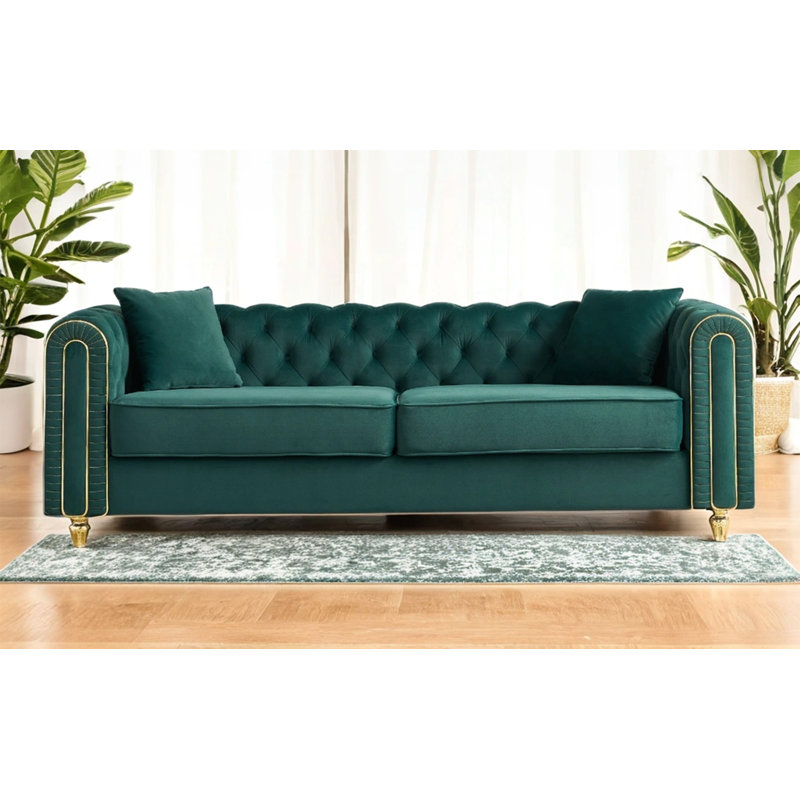 Canapé capitonné moderne de luxe l 86 po avec 2 pièces de coussins décoratifs pour le salon, la chambre à coucher, couleur verte