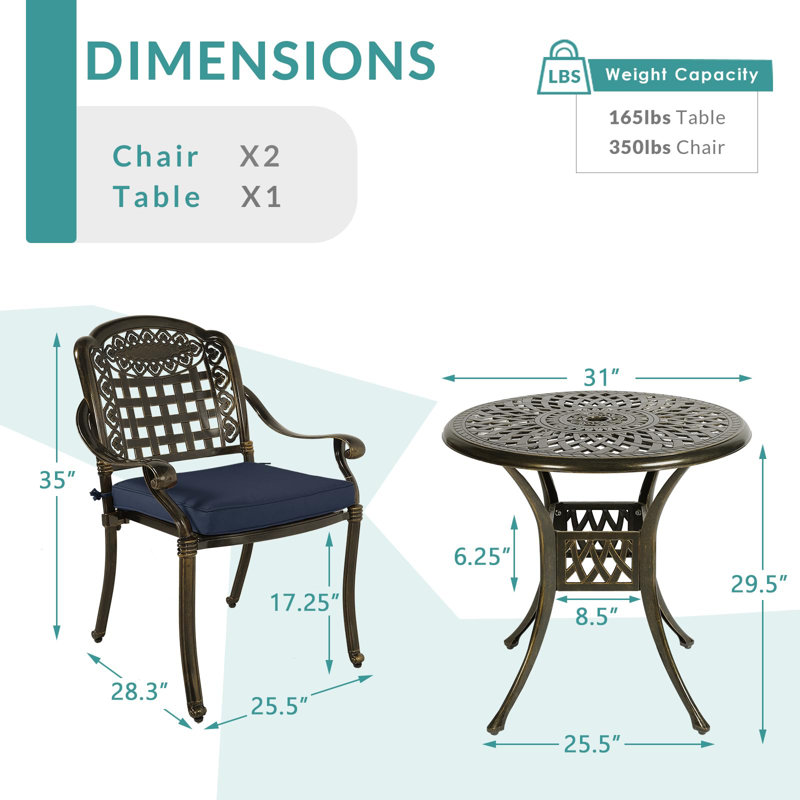 Ensemble bistro rond pour 2 personnes avec coussins, Marine