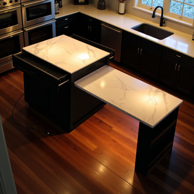82.7 inch Kitchen Island with Extendable Dining Table for 4-6 Person,Faux Mable Kitchen Table with Double-sized Storage,Power Outlet,Kitchen island wi