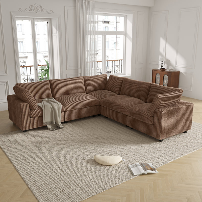5 - Piece Upholstered Sectional, Brown  Faux Fur