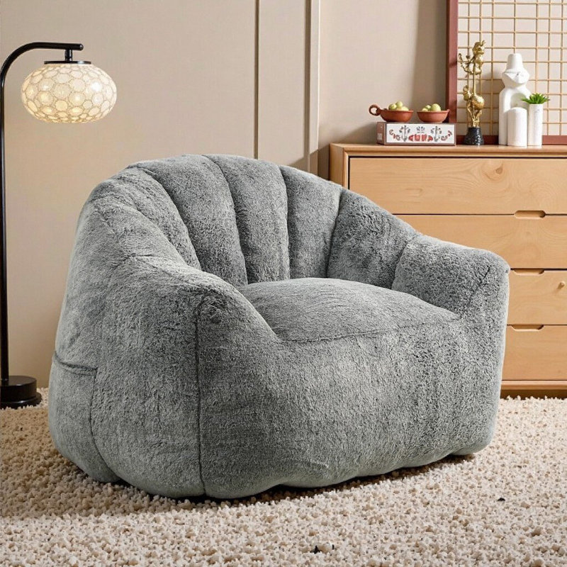 Compression Velvet Fabric Shell-Shaped Large Bean Bag Chair, Gray 