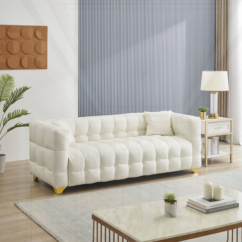 Jocelynne Modern 80" sofa with two throw pillows for living room, Beige Polyester Blend