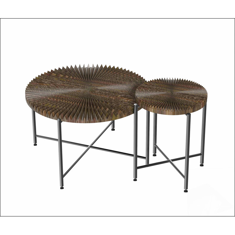 Ensemble de 2 tables basses et tables de bout - Panneau de fibres à densité moyenne imperméable avec revêtement en PVC, conception cylindrique vieillie, pieds en métal - charme rustique classique, technique 
