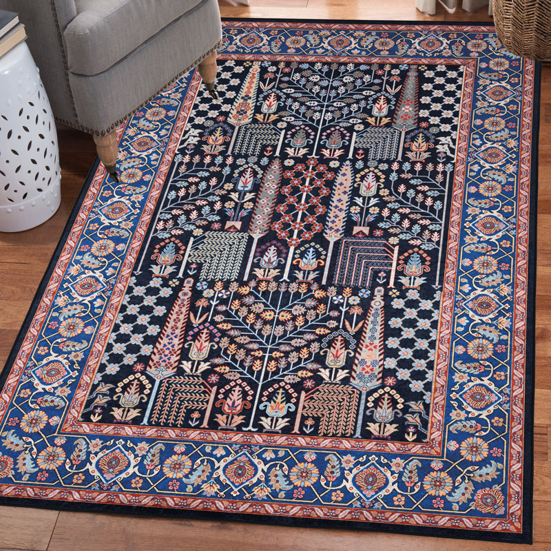Emanuel Traditional Machine Woven Flatweave Navy and Blue Area Rug with Non Skid Backing , Rectangle 5' x 7'