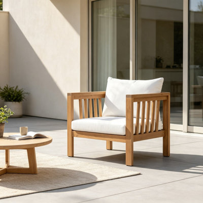 Fauteuil club d'extérieur en bois d'acacia, fauteuil de patio résistant aux intempéries avec coussin épais beige amovible, pieds de nivellement réglables pour terrasse près de la piscine