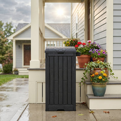 30 Gallon Black Rectangular Outdoor Trash Can with Hinged Lid