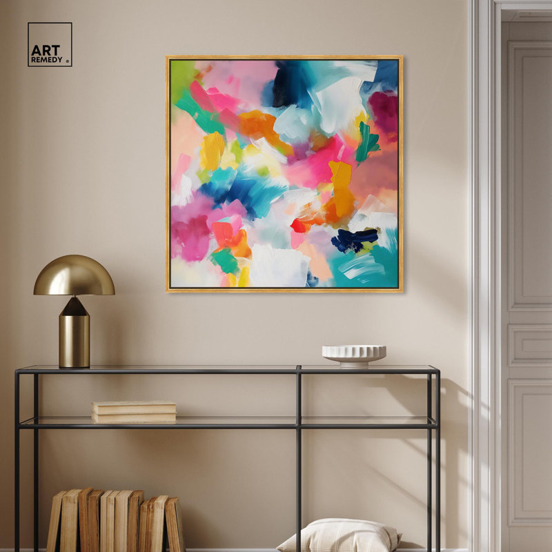 Gossamer Colors Canvas Modern Colorful Print by Art Remedy, 31" H x 31" W x 1.8" D, Gold Floater Framed