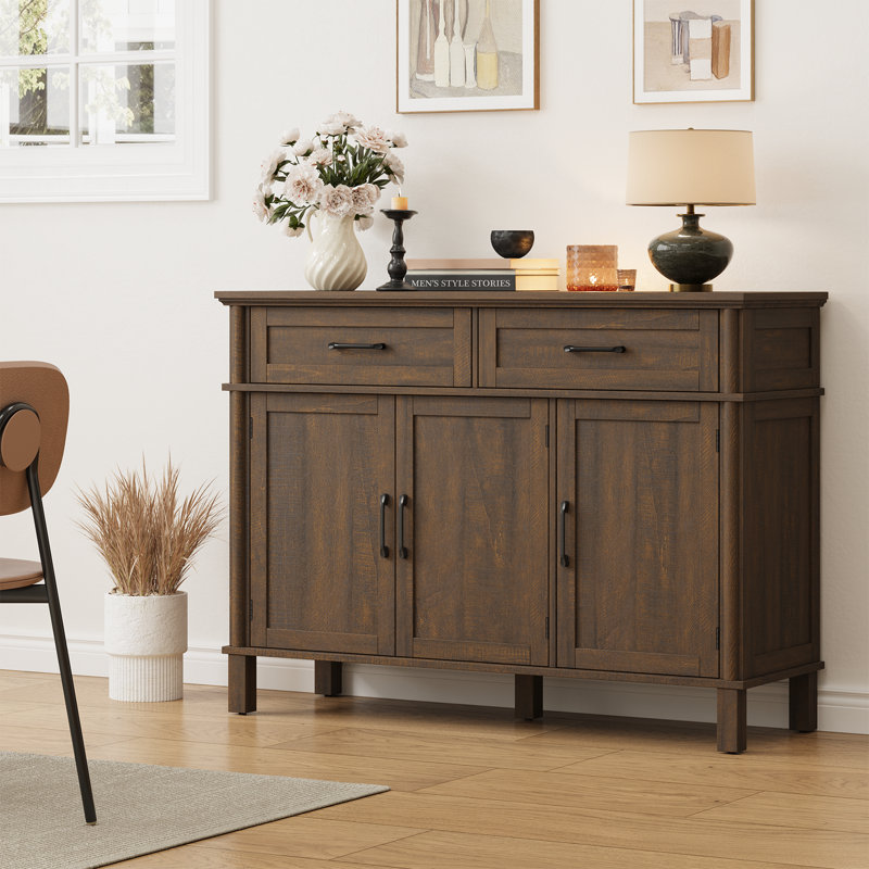 Buffet Buffet avec tiroirs, tablettes et portes, H 34,2 po x l 47,2 po x P 14,9 po, Marron foncé