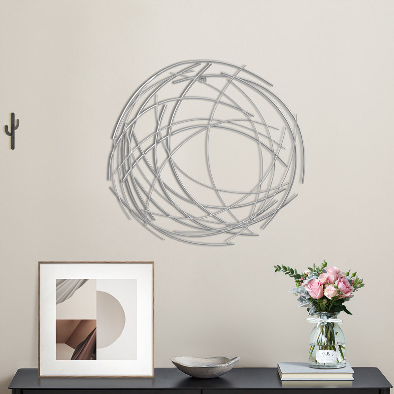 Décoration murale abstraite moderne faite à la main en métal, Argent, H 25,5 po x l 25,5 po x P 0,5 po