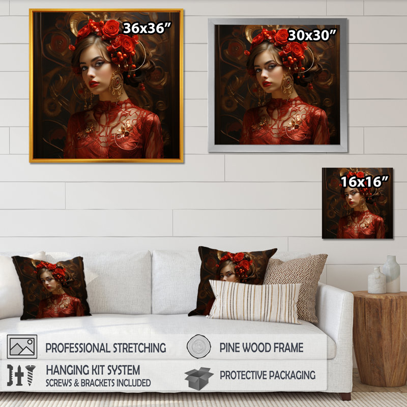 Or et rouge femme déesse Portrait III - Art mural glam, Cadre flottant doré, H 16 po x l 16 po x P 1 po