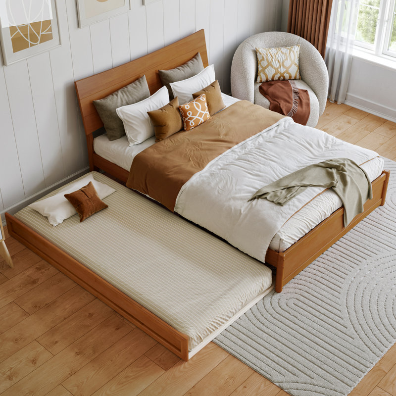 Harlowe Wood Platform Bed with Trundle, Full, Light Toffee