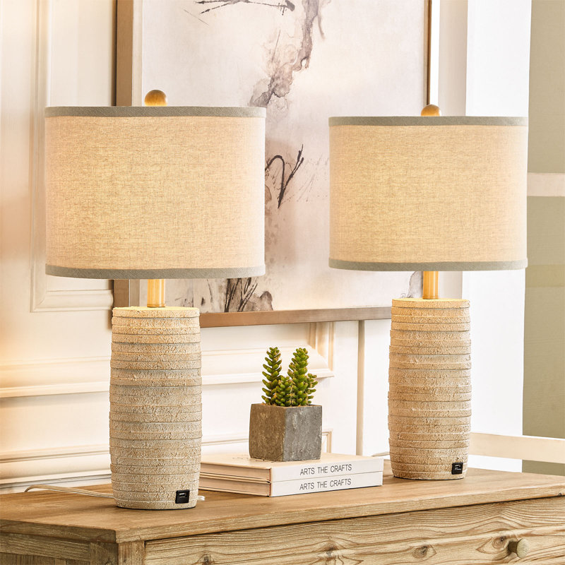  Middlebrooks 22.6" Farmhouse Resin Table Lamp with 3-Way Dimmable Light and USB Port, Painted Oatmeal Color