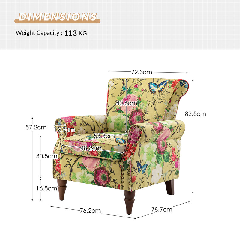 Araceli Floral Wooden Upholstered Accent Chair with Nailhead Trim, Mustard